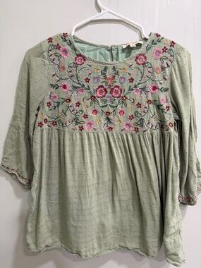 orange creek Sage Green Embroidered Floral Peasant Top